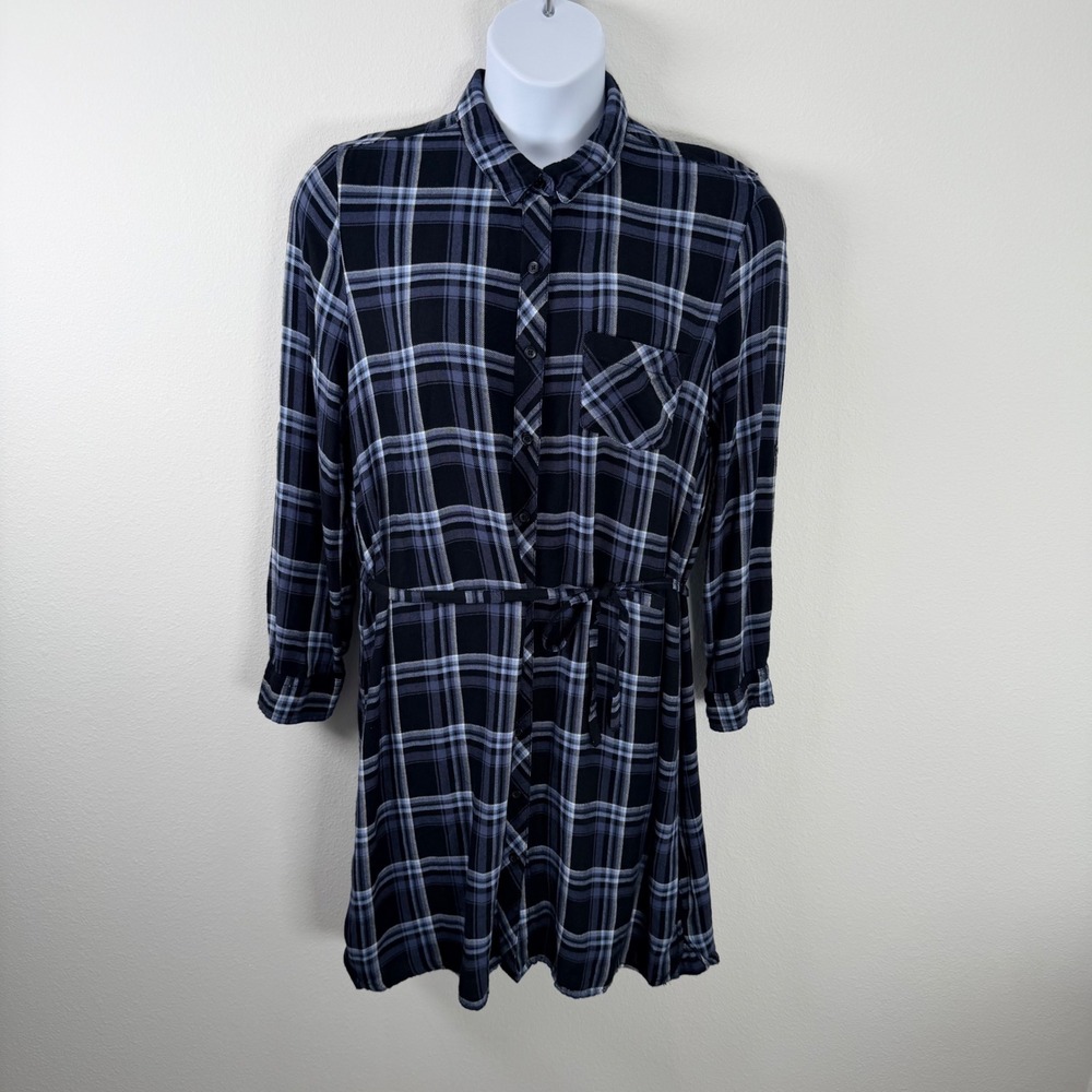 BLL nyc Womens Blue Plaid Rayon Shirt Dress XL Long Sleeve Button Front 42587H